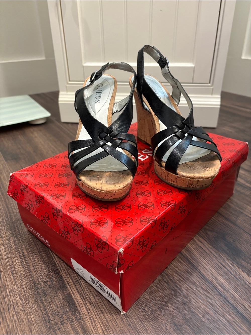 GUESS Black Cork Wedge Slingback Sandals